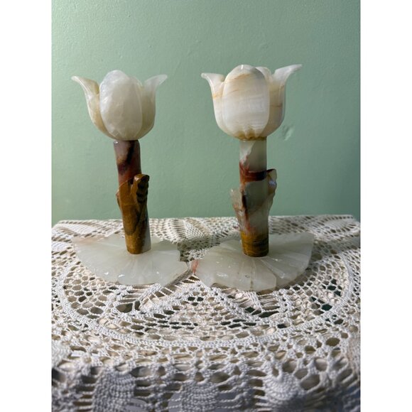 Vintage MCM Carved Onyx Flower Candle Stick Holders - Picture 11 of 16